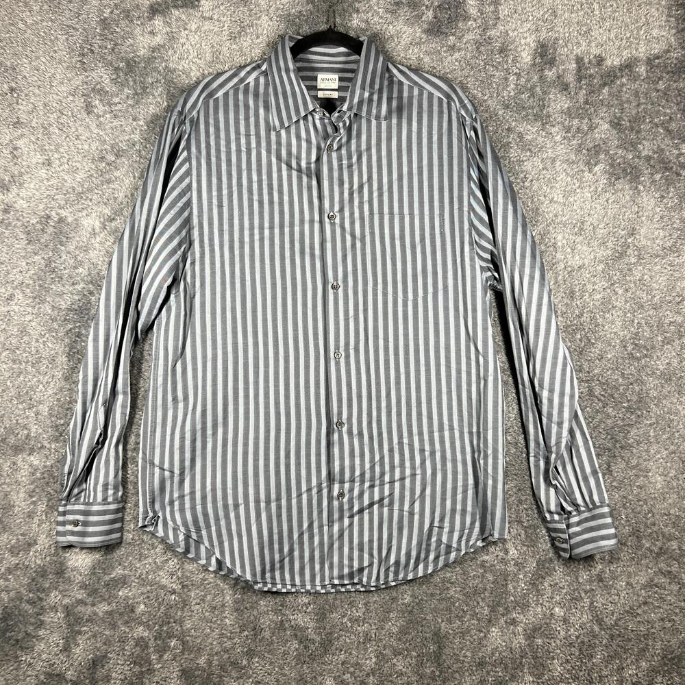 Armani Collezioni Luxury Shirt Mens L Gray Long Sleeve Button Up Striped Cotton